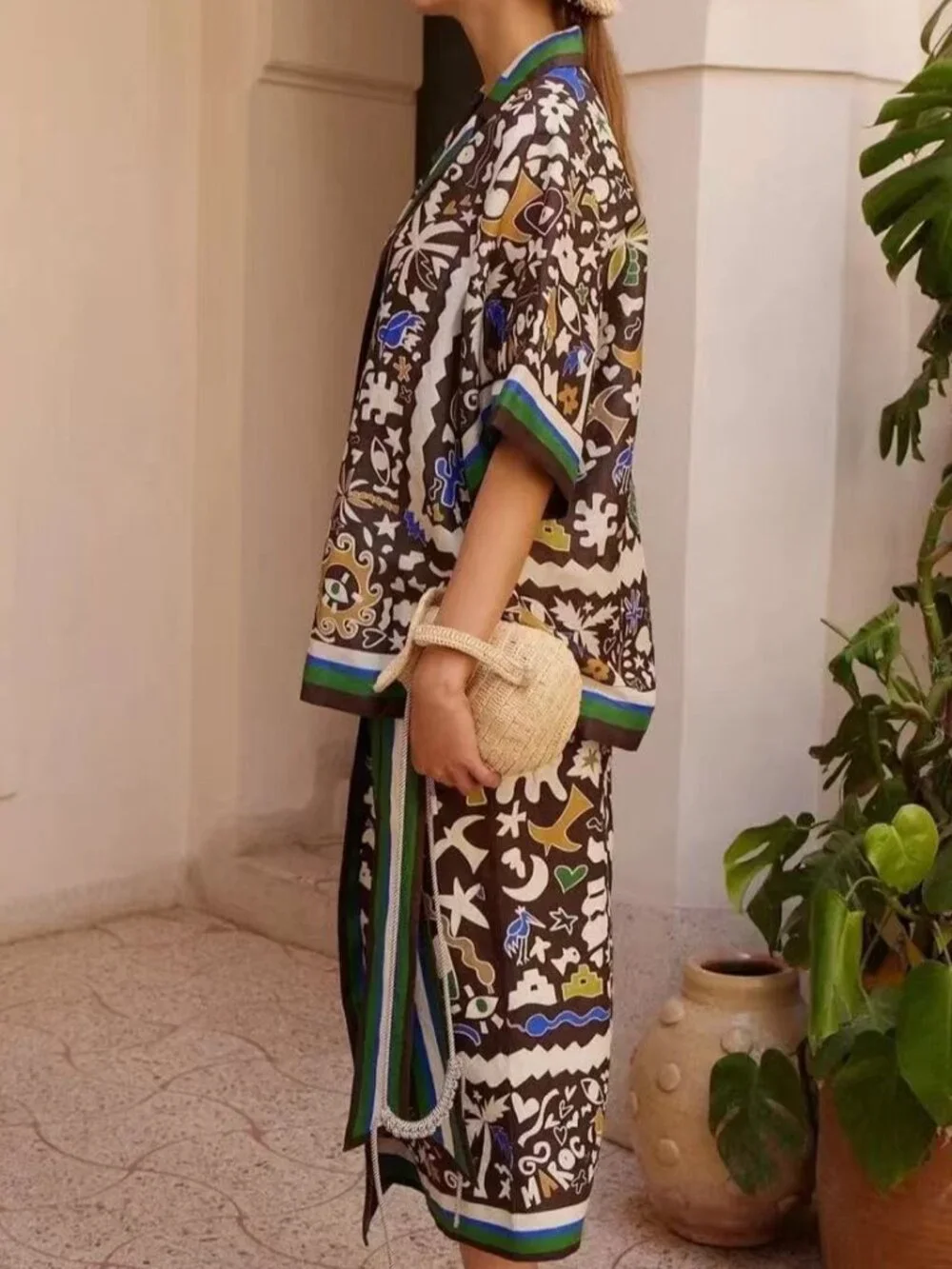 Zimmermann Printed Brown Wrap Skirt and Matching Shirt Set with Green Accents